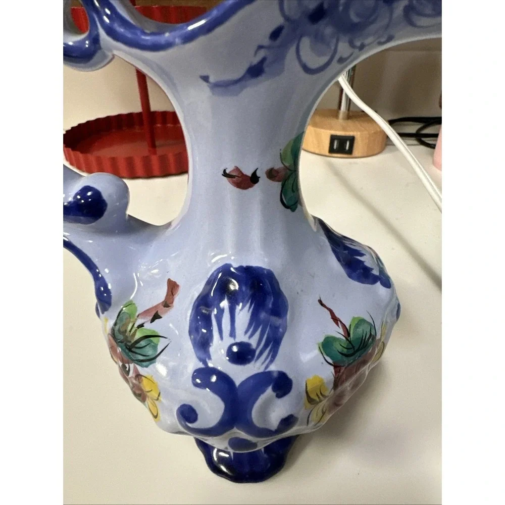 PORTUGAL Vintage Vase‎ Pitcher Blue & Floral Hand Painted and Numbered 7.5inch